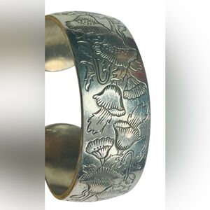 Vintage Pewter August Etched Poppy Flower of the Month Cuff Bracelet Silver Tone